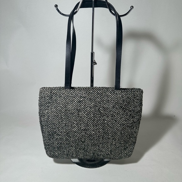 Black and White Tote with Textured Fabric and Long Handles - Picture 1 of 4
